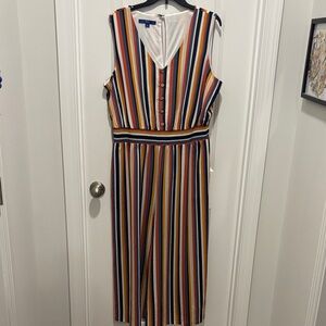 Striped Sleeveless Jumpsuit with Button Front - Multi